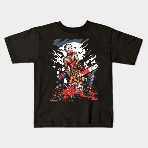 Chain Saw Wielding Maniac With Hockey Mask Killer Design Kids T-Shirt by stockwell315designs